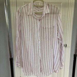GAP Boyfriend Shirt Linen Long Sleeve Button Down White Pink Stipe XXL